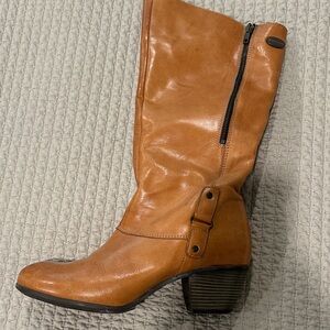 Eric Michael Cognac Leather Mid-Calf Block Heel Boots